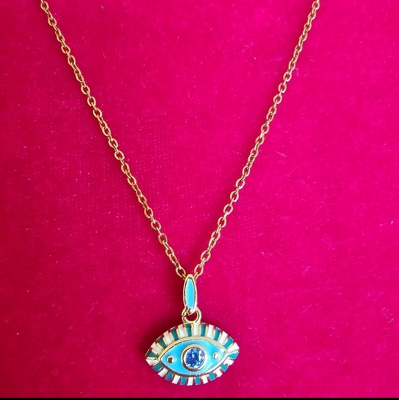 GOLD STAINLESS STEEL BLUE DIAMOND CZ ENAMEL EVIL EYE PROTECTION NECKLACE☆NEW - Picture 7 of 10